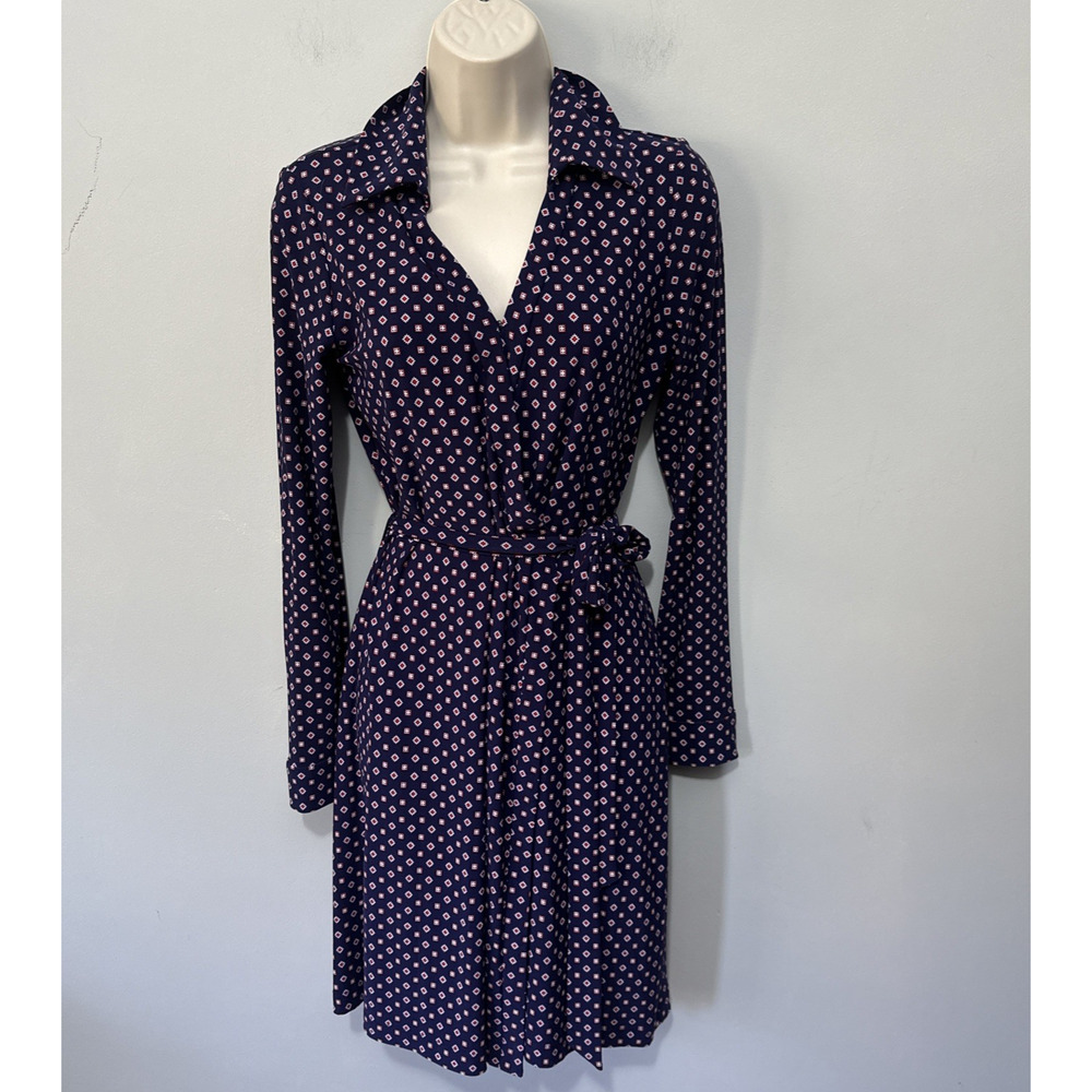Tommy Hilfiger Shirt Dress Womens 6 Blue Geometric Slinky Knit Belted Preppy